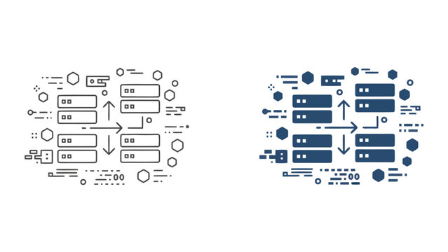 Network server data processing flow diagram with hexagonal nodes and connectivity lines for IT infrastructure concept
