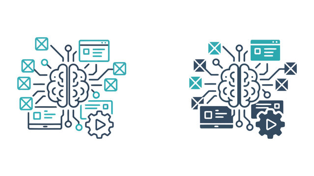 Artificial intelligence workflow and software development process icon set with brain and gear symbols for project management and technical task automation in dual color vector graphics