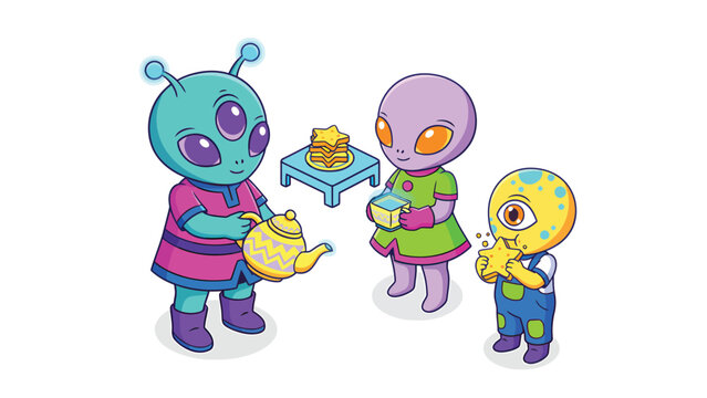 Three cute cartoon aliens enjoying a tea party with star-shaped cookies and cake.