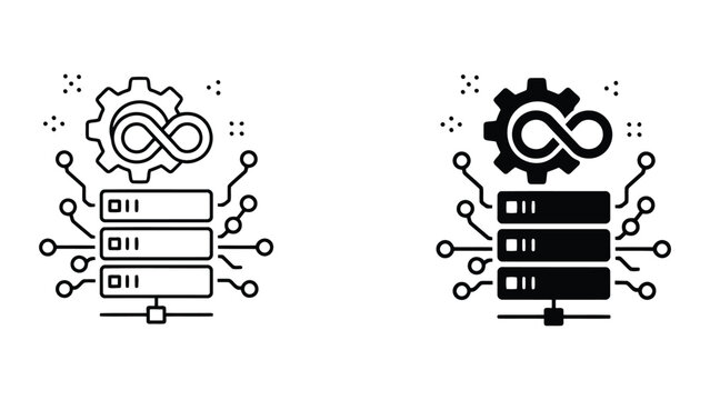 DevOps server infrastructure icons with gear and infinity loop symbols representing continuous integration and deployment workflows in IT