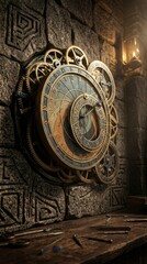 Naklejka premium Antique astronomical clock with gears on stone wall