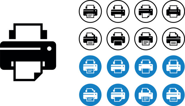 Set of Printer Icons and Illustrations, Black and Blue Printing Designs, Office Equipment, Digital Print Technology