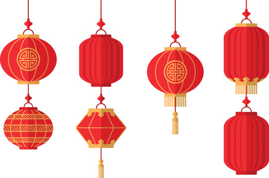 Set of Chinese Red Lanterns with Traditional Patterns, Vector Design for Chinese New Year, Festival Decorations, and Cultural Icons