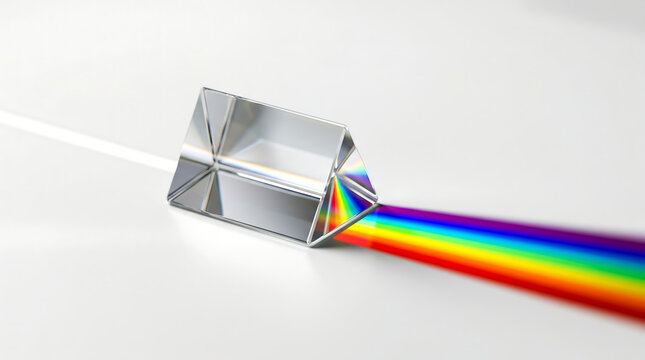 Minimalist Glass Prism Reflecting Rainbow Light Spectrum on Clean White Surface