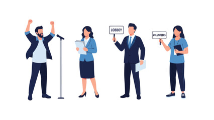 Obraz premium Professional Presenters and Speakers Flat Vector Set for Public Speaking, Events & Corporate Communication