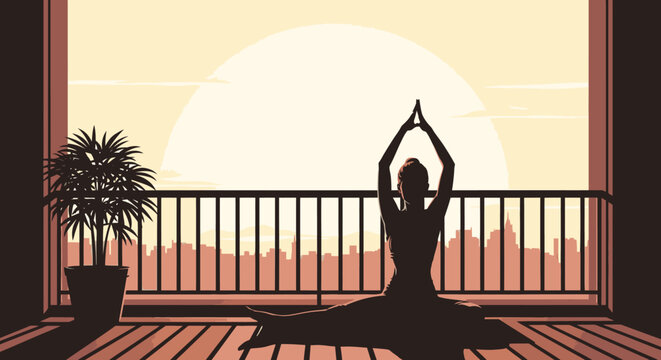 Yoga practice silhouette on balcony with cityscape and sunrise