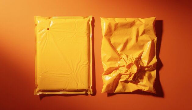 Two yellow plastic mailing envelopes on an orange surface with harsh flash shadows for product packaging design, shipping logistics and creative retail mockups