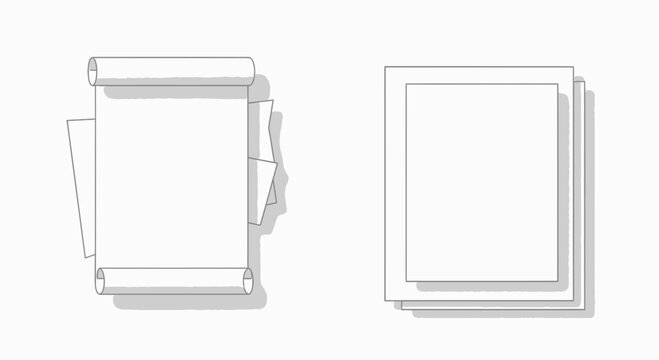 Blank Paper Sheets and Scroll Rolled Documents on White Background