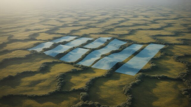 Aerial view of land parcels with a digital bar chart overlay across golden terrain for agricultural technology, real estate data analysis and land management concepts