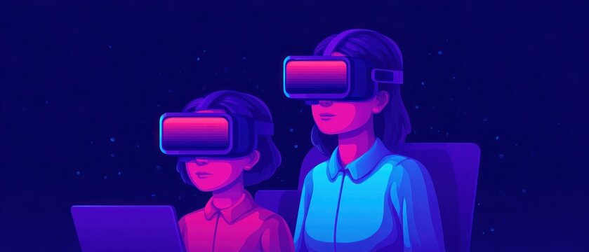 Mother and daughter wearing virtual reality headsets exploring digital cyberspace with laptop representing futuristic learning technology connection and modern family bonding