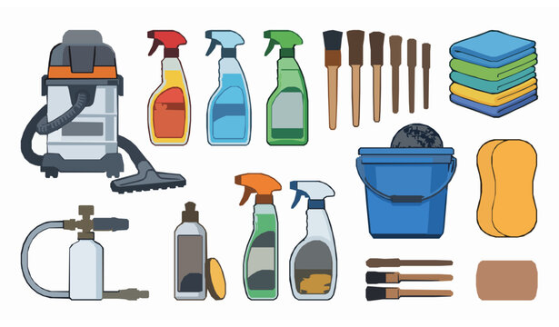 Car detailing products vector set &ndash; professional auto cleaning tools collection