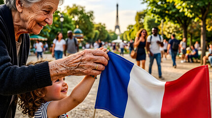 Obraz premium Generations Celebrate France: Family & Travel in Paris with French Flag