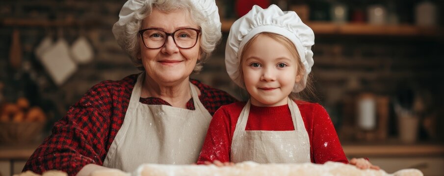 Grandmother and granddaughter wearing chef hats and aprons baking together in cozy kitchen symbolizing family bonding joyful tradition and shared learning moments