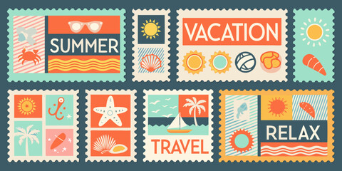 Collection of colorful vintage postage stamps with summer vacation and travel themed illustrations high quality © Milon
