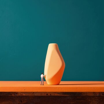 Teal blue background with copy space above a giant orange geometric object and tiny person for product display, creative advertising and retail showcase