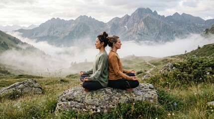 Fototapeta premium Majestic mountain range background with two women meditating on a boulder for wellness retreat marketing, mental health awareness and yoga lifestyle advertising