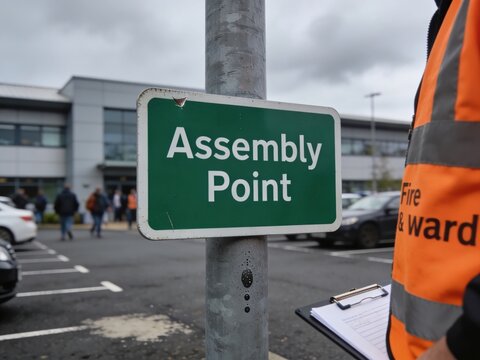 Green assembly point sign on metal pole at office building with fire warden and clipboard for workplace safety drill, evacuation procedure and emergency management