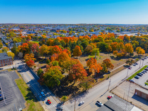 Valley Cemetery aerial view in fall in downtown Manchester, New Hampshire NH, USA. 
