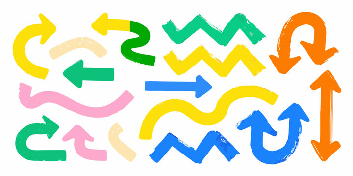 Colorful hand painted arrows in overlapping brush strokes on a white background high quality professional