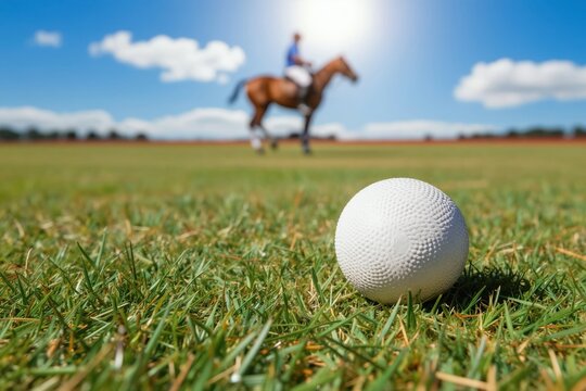 Polo ball sits on green grass field ready for game. Horse rider blurred in background plays polo match under sunny blue sky. Intense equestrian competition.