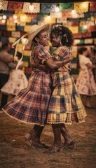 Obraz premium Two women in plaid costumes dancing together at a traditional festival for cultural celebration marketing, tourism seasonal promotion and joyful lifestyle advertising