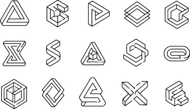 Impossible shapes vector collection, 15 geometric optical illusion icons, black line art paradox symbols for logo design and branding