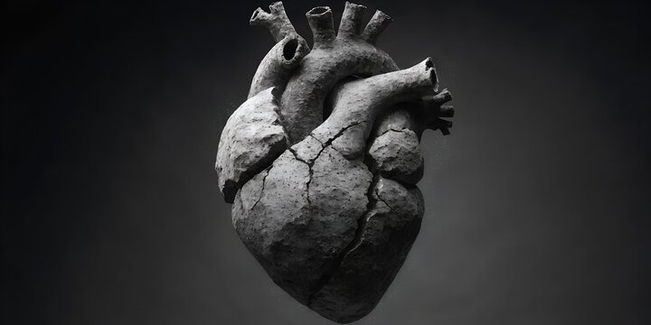 Surreal Close Up Anatomical Human Heart Sculpted Dark Gray Stone Rock Cracked Fissures Floating Dark Background Hardened Heart Emotional Metaphor Coldness Indifference Social Issues Concept