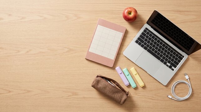 Light wood desk background with school laptop setup and stationery for student desk organization, back to school essentials and educational technology campaigns