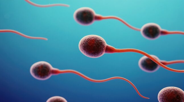 Microscopic view of swimming sperm cells in blue fluid. These male reproductive cells are key to conception and biological fatherhood. Medical research focuses on sperm health and motility.