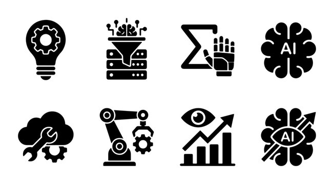 Artificial Intelligence Icons Set, Machine Learning & Data Science Symbols, AI Brain & Robotic Arm Vector Graphics, Technology & Innovation Concepts