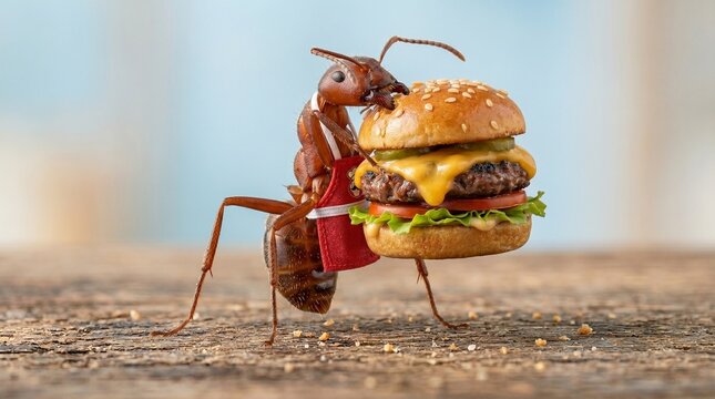 Giant Ant Carrying Delicious Cheeseburger Meal on Wooden Surface, Macro Shot, Humorous Food Concept