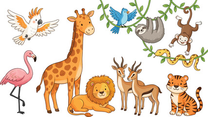 Adorable Safari and Jungle Animal Vector Collection Featuring Giraffe, Lion, Tiger, Monkey, Sloth, and Exotic Birds for Nursery Art, Children's Books, and Educational Designs © Ismail