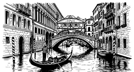 Venice canal scene with gondola and bridge © aliful