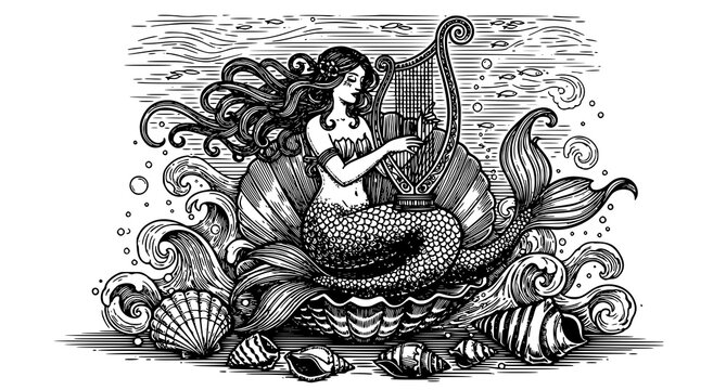 Mermaid playing harp on ocean waves with seashells
