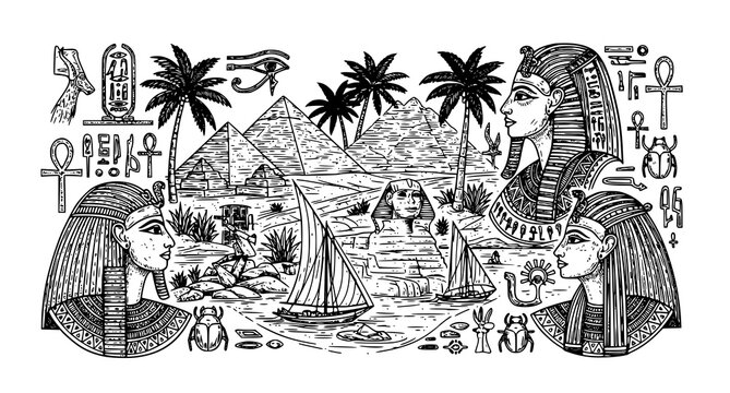 Intricate ancient egypt illustration with pyramids pharaohs and nile river scene in engraving style