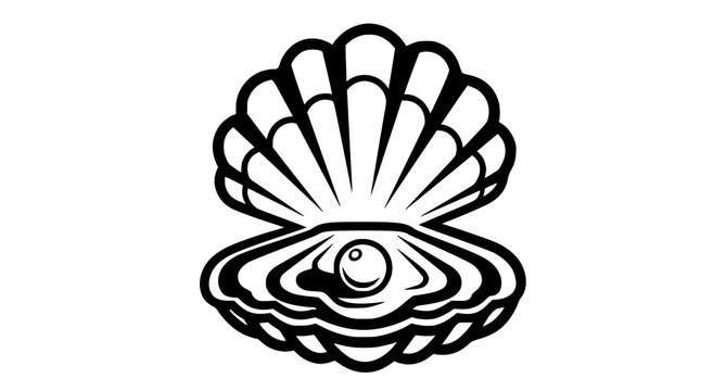 Black and white illustration of an open scallop shell with a pearl