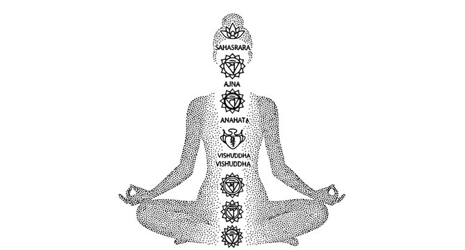 Chakra system illustration lotus symbols aligned with spinal column for meditation and spiritual wellness concepts