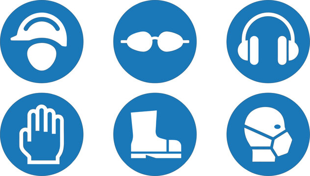 Collection of mandatory personal protective equipment PPE signs flat design vector icons for workplace safety industrial health and construction sites