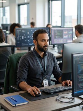 South Asian man working at a dual-monitor computer workstation in a modern office for artificial intelligence development, corporate productivity and tech career visuals
