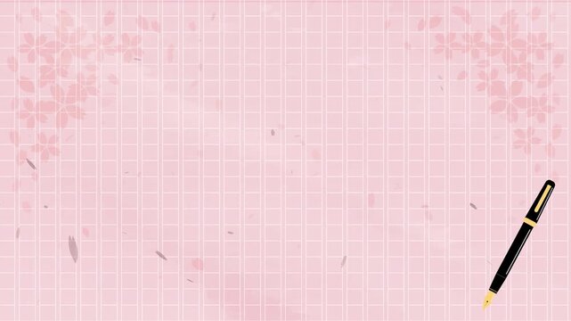 春：花吹雪の舞う桜を背景に原稿用紙に万年筆で書くような動きの背景イラストフルフレームビデオ