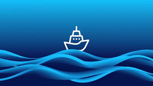 Minimalist vector illustration depicting a small white ship icon navigating stylized blue gradient waves, symbolizing travel, adventure, or marine transport with a clean, modern design