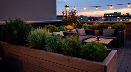 Naklejka premium Rooftop terrace lounge with plush sofa seating, wooden table furniture, surrounded by green plants, city views at twilight. String lights glow warmly overhead creating inviting ambiance for