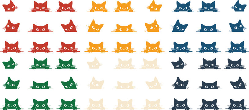 Cute peeking cat heads vector collection, playful feline animal faces in red, orange, green, and blue, adorable pet character set for branding and web design