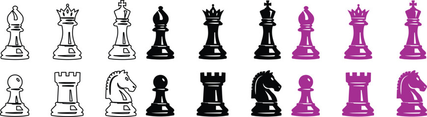Complete Chess Pieces Vector Set. Classic Strategy Game Elements. Black, White, and Purple Chess Icons for Board Games and Educational Content. © Farzana