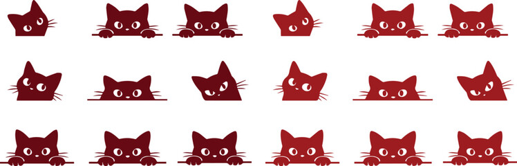 Fototapeta premium Cute peeking cat vector set, playful red kitten characters with big eyes, adorable feline animal icons for pet-themed designs, social media, and children's projects