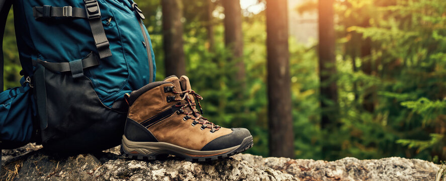 Brown hiking boot rests beside blue backpack on rock in forest. Tall green trees and sunlit branches suggest outdoor adventure. Ready for mountain trek or nature walk.