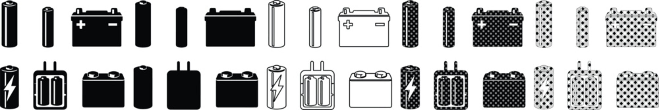 Battery and Accumulator Icon Set, a comprehensive collection of power source symbols for energy, electric, and charging concepts. Black and white vector graphics for technology and industrial
