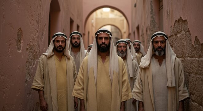 Group of men in traditional historical robes standing in a narrow alley for biblical storytelling, historical reenactment and cultural heritage documentaries