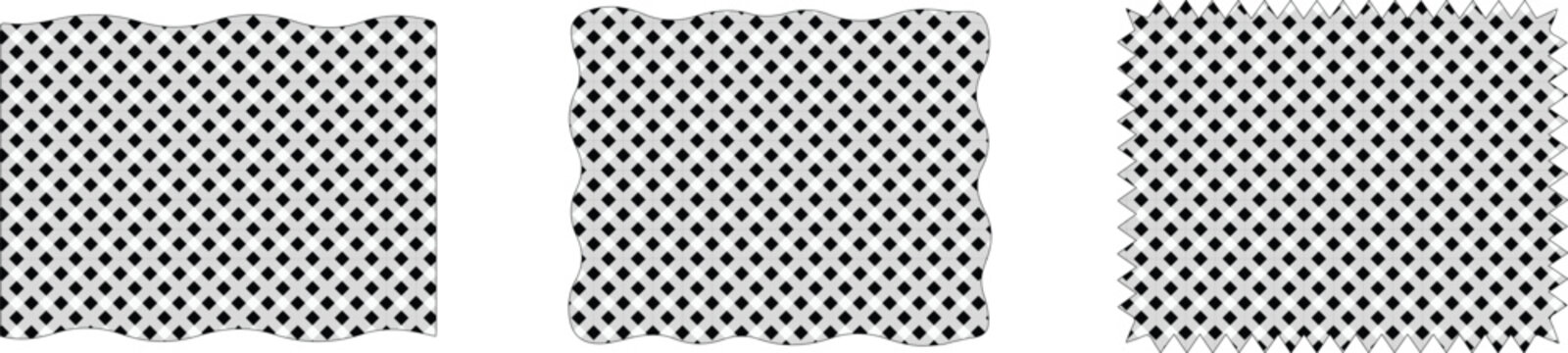 Seamless black and white checkerboard pattern, abstract geometric grid texture, modern graphic design element, versatile background for digital projects, three square vector swatches