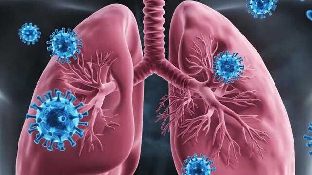 Human lungs with blue virus particles emphasizing healthcare innovation and patient well-being